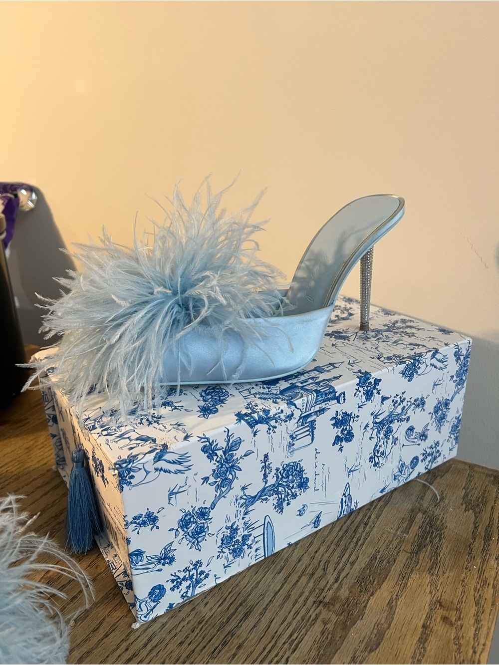 Light Blue Feather Satin Stiletto Mule